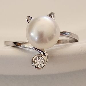Womens 925S Silver Real 8mm Cultured Freshwater Pearl Cat Shape Ring Adjustable